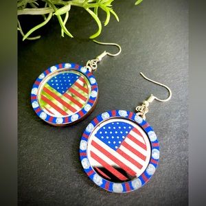 Hand Painted Mirror & Wood American Flag 4th of July Patriotic Dangle Earrings